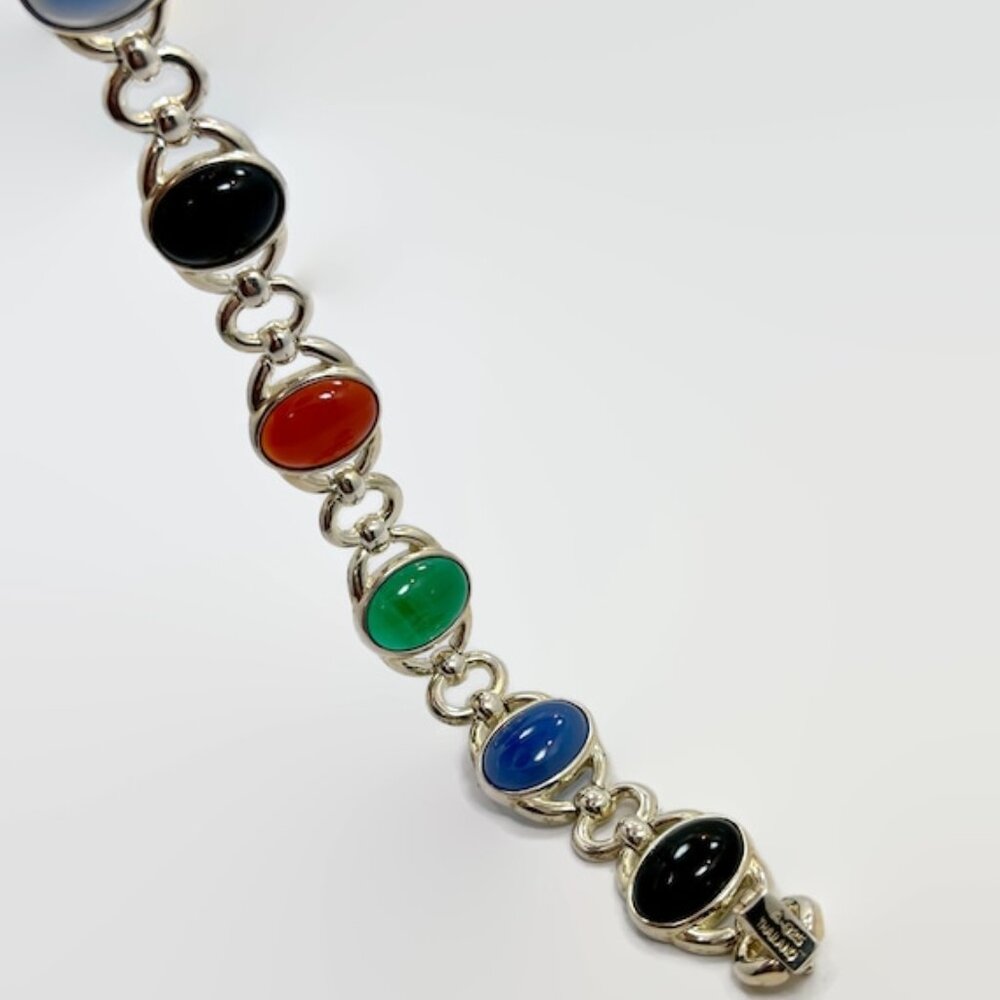 Stone Bracelet, Onyx, Calcedony, Green, Black, Sterling Bracelet, Vintage,Mixed - Picture 3 of 6